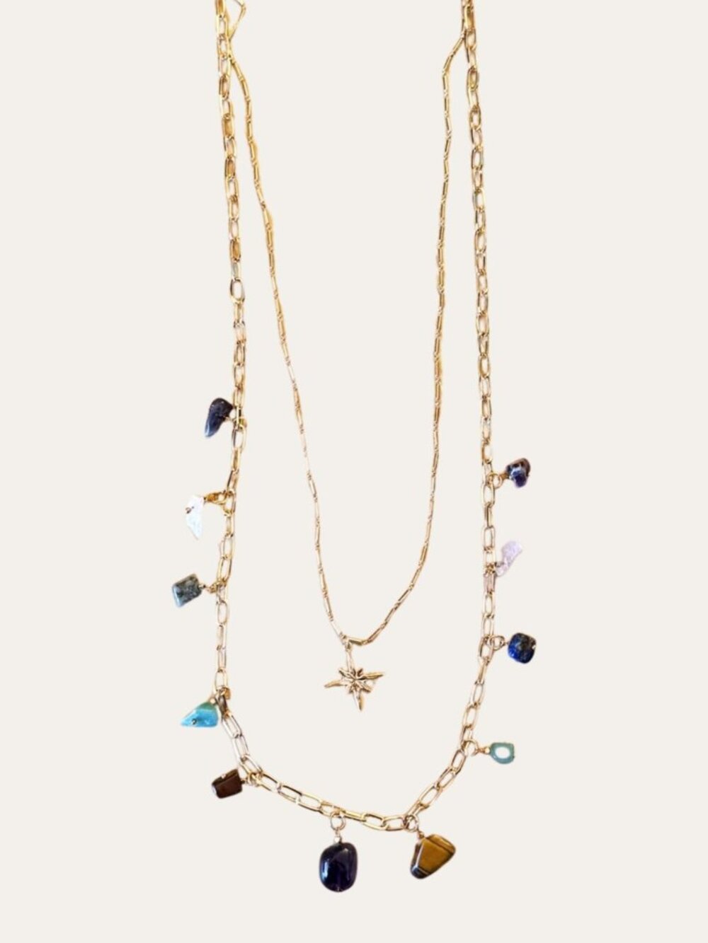 Long Layered Gold Necklace Star Pendant Natural Stone Charms Paperclip Chain - Picture 3 of 7